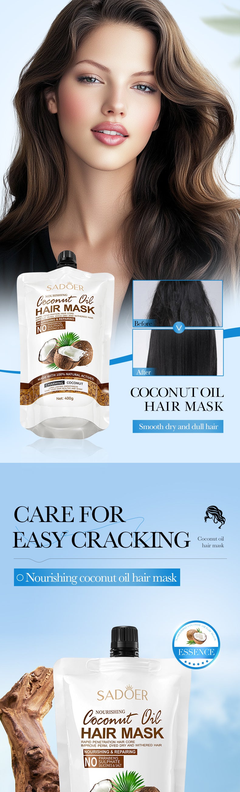 Coconut Oil Nourishing Hair Mask SADOER Smooth, Soft, and Voluminous Hair Conditioner for  Wholesale