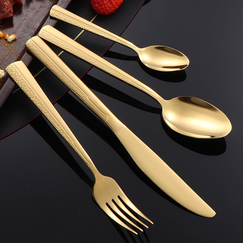 410Stainless Steel Tableware Hotel Restaurant Sand Texture Knife Fork Spoon Tea Spoon24Set of gold Western Steak Knives and Forks