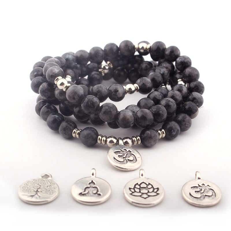 108Pink Quartz Bracelet Lotus Lucky Tree Pendant Labradorite Braided Bracelet Agate Tiger Eye Elastic Bracelet