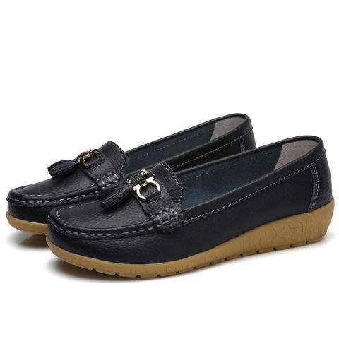 Soft Sole Loafers for Women, Waterproof Leather Casual Wedge Flat Shoes with Rubber Sole for Middle-Aged Moms