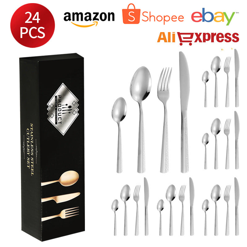 410Stainless Steel Tableware Hotel Restaurant Sand Texture Knife Fork Spoon Tea Spoon24Set of gold Western Steak Knives and Forks