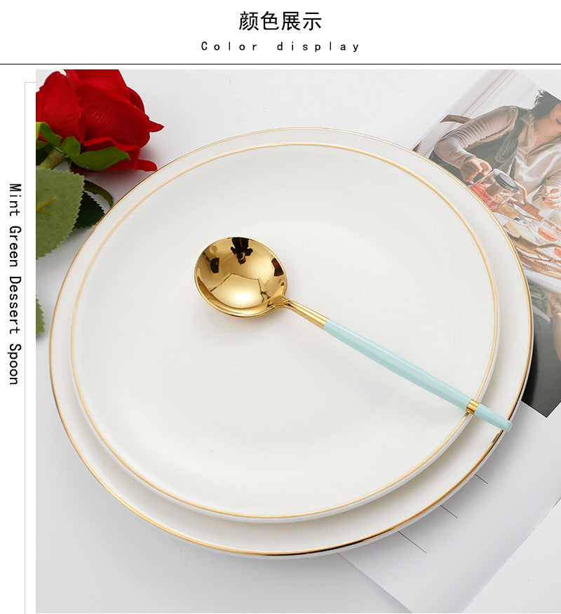 304Stainless Steel Portuguese Tableware Creative Lathe Craft Glossy Mirror Black Gold Round Spoon Dessert Spoon Fork