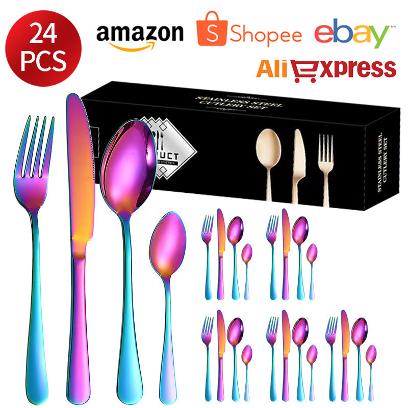 1010Stainless Steel Cutlery Set Hotel Titanium Coated Western Steak Knife Fork Spoon Tea Spoon24Set