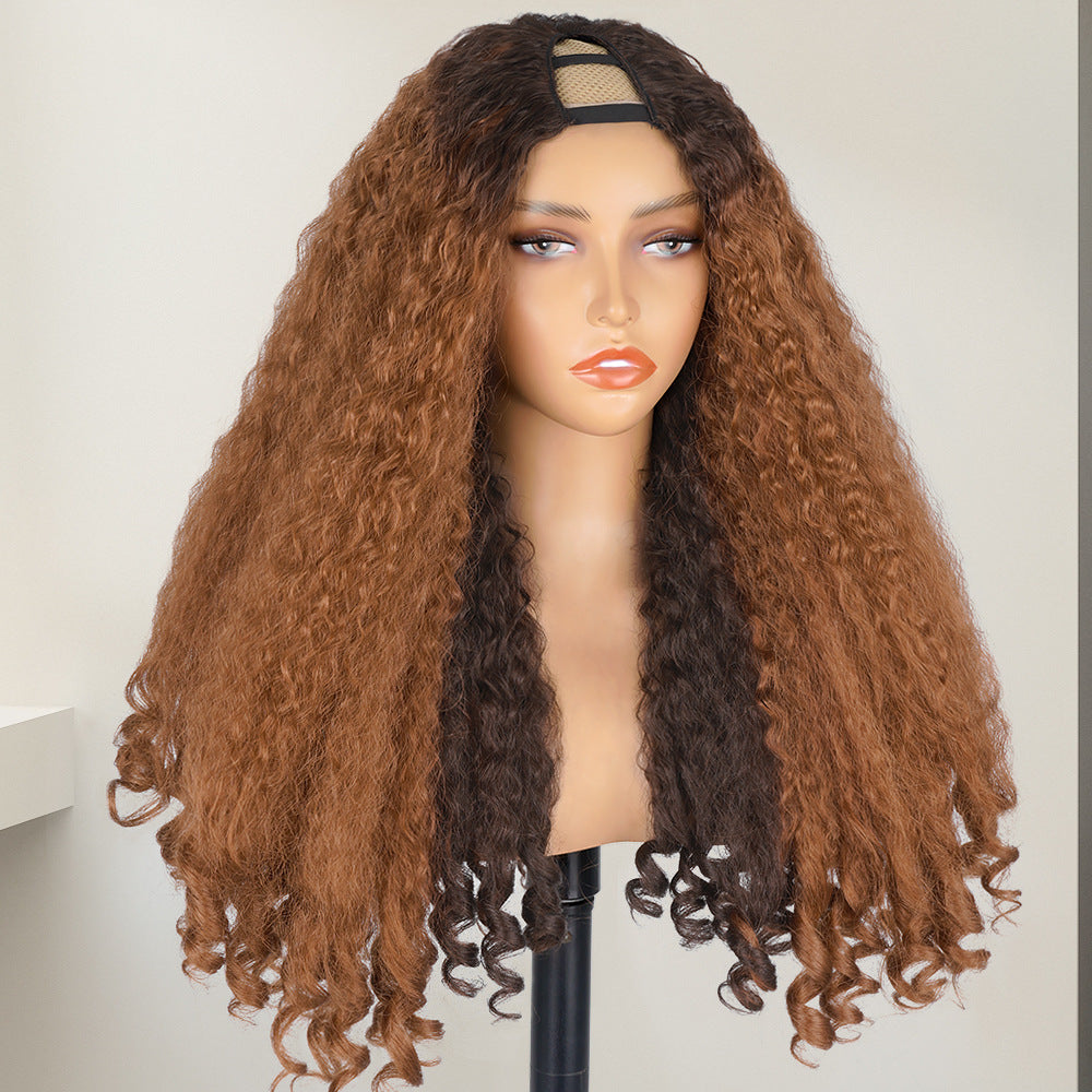 Africa YAKI Straight Hair with Curly Ends Synthetic Wig V High-Temperature Fiber Wig with Hollow Top