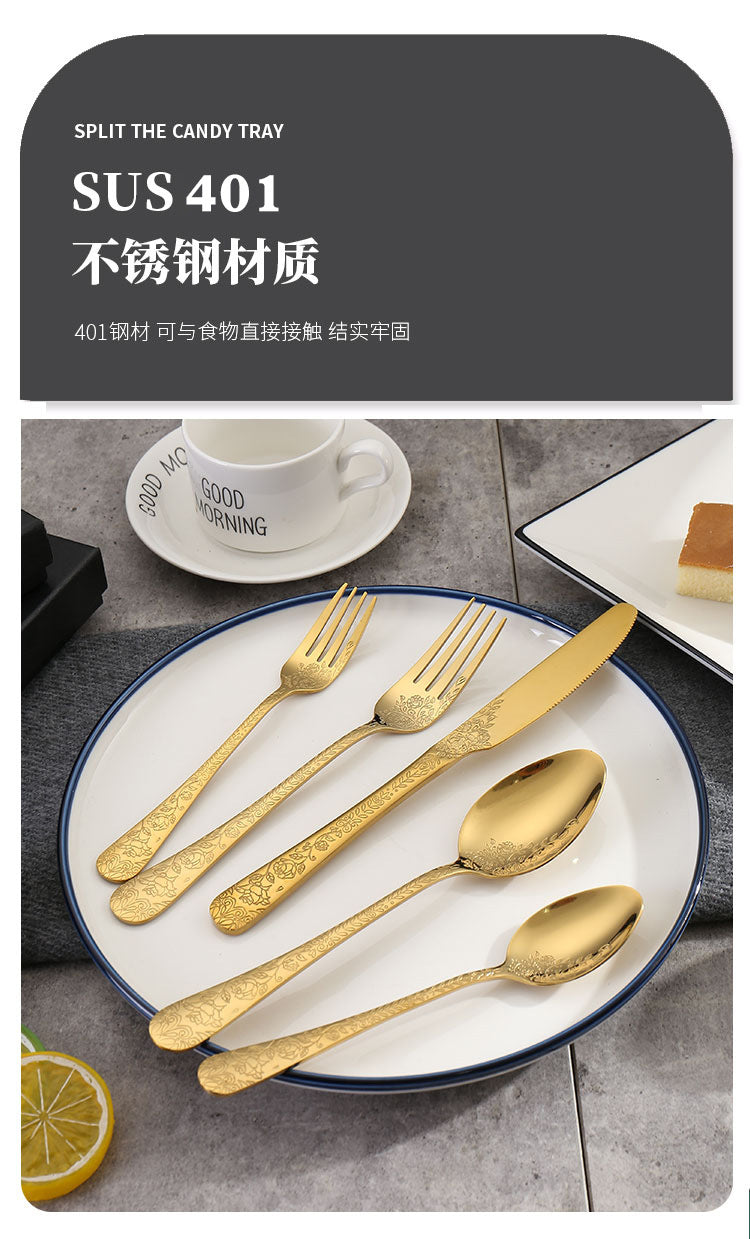 Vintage Pattern National Trend Stainless Steel Cutlery Set Five-Piece Set Western Steak Knife Fork Spoon Dessert Spoon Fork