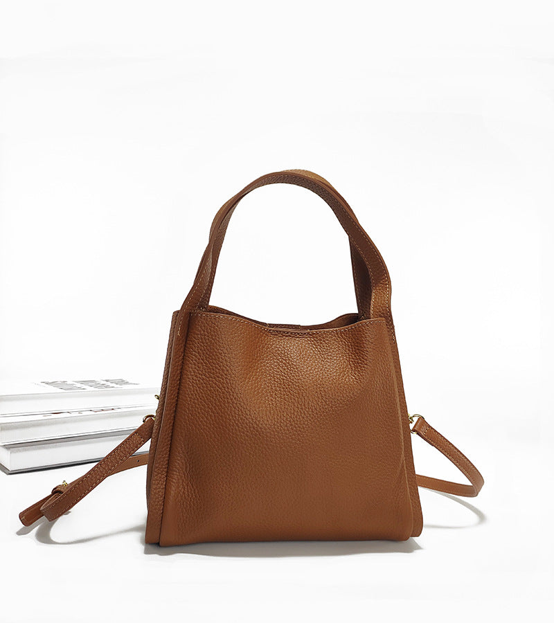 Genuine Leather Basket Bag Handheld Bucket Bag Women's Winter Crossbody Bag Large Capacity Top Layer Cowhide Bucket Style