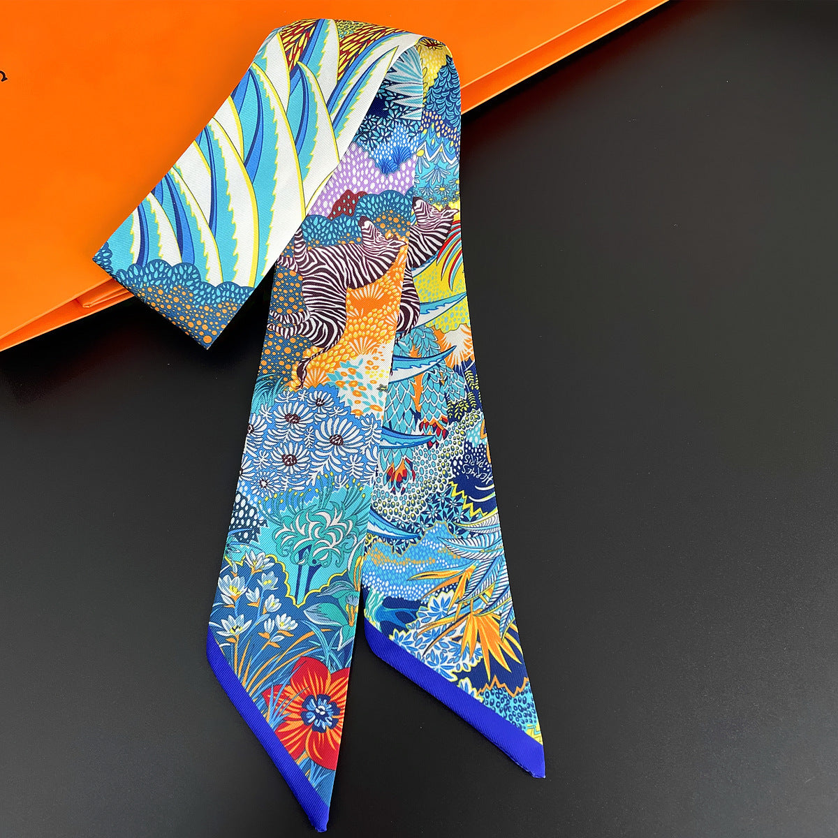 European and American Korean Version Plant Jungle Horse Women's Twill Ribbon Long Strip Ribbon Bag Tie Ribbon Hairband Small Scarf Scarf