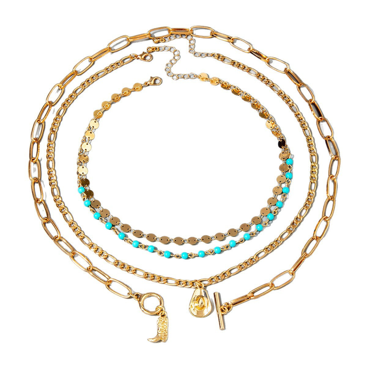 Bohemian Western Cowboy Boots Pendant Turquoise Necklace Layered Tassel Accessories Y Type Necklace