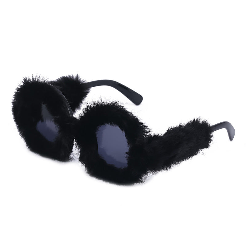 Full Coverage Plush Sunglasses Fashion Round Frame Women's Internet Celebrity Same Style Sunglasses Women's European and American Sunglasses