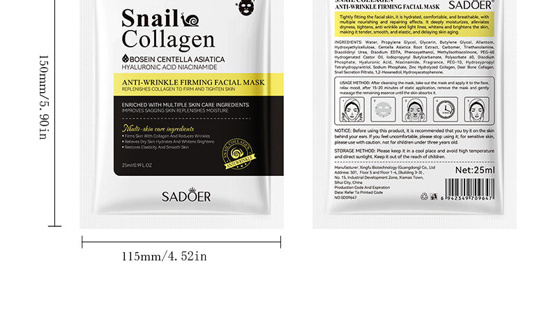 Snail Face Mask SADOER Collagen anti-wrinkle firming delicate skin mask  wholesale