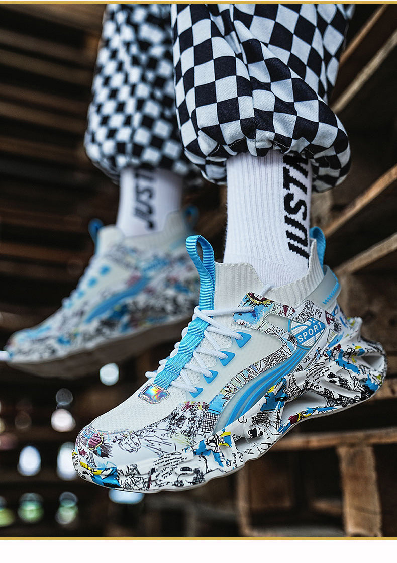 Spring Summer New Style Flyknit Camouflage Blade Men's Shoes Fashion Casual Sports Shoes Shock Absorption Height Increasing Dad Versatile Trendy Shoes