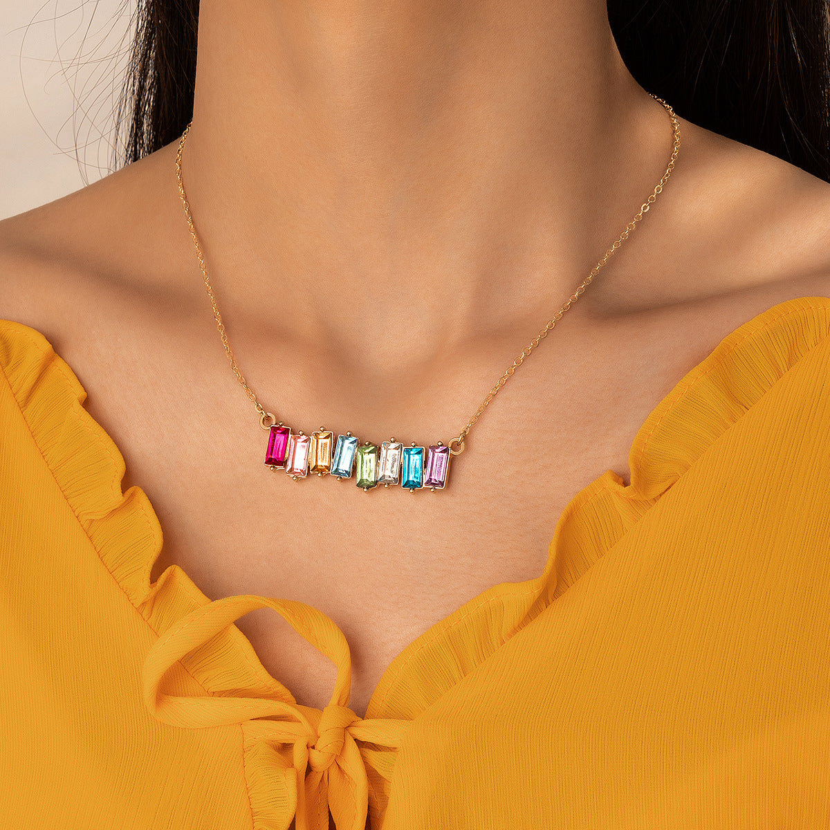 European and American Style Jewelry Colorful Square Inlaid Diamond Single Necklace Geometric Chain Imitation Gemstone Single Layer Collarbone Chain