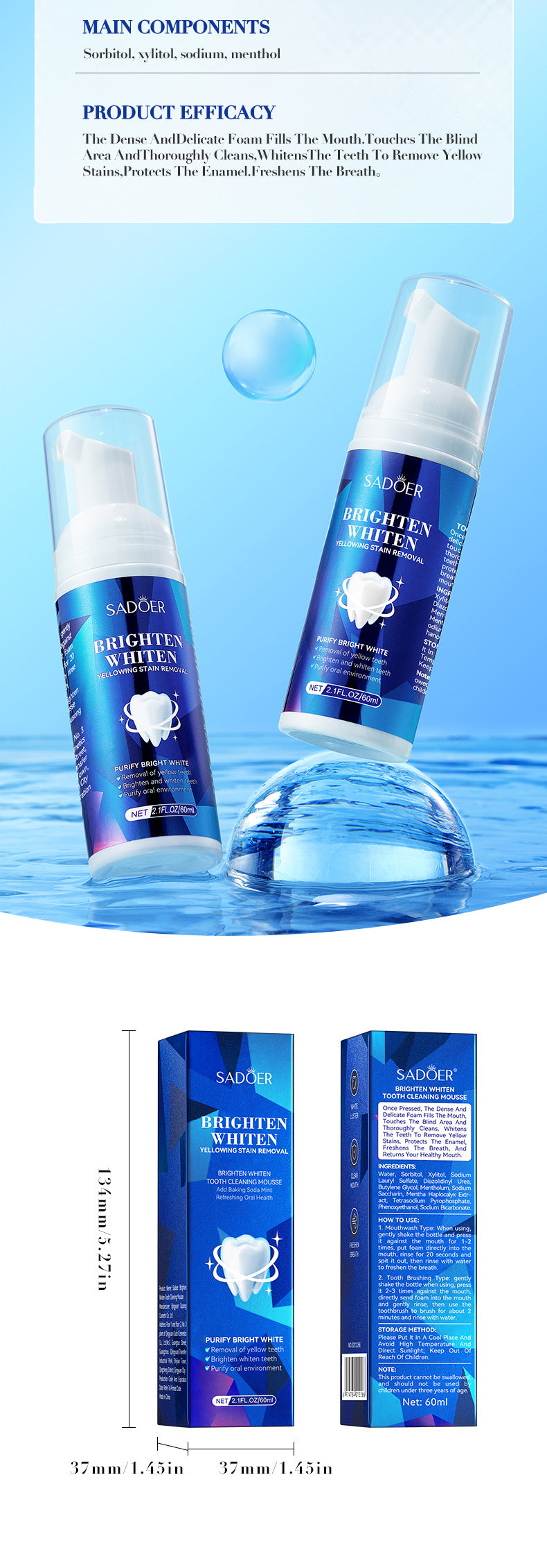 Teeth Cleaning Mousse60mlSADOER Clean Tartar, Gum, Teeth, Oral Care,  Foreign Trade Wholesale
