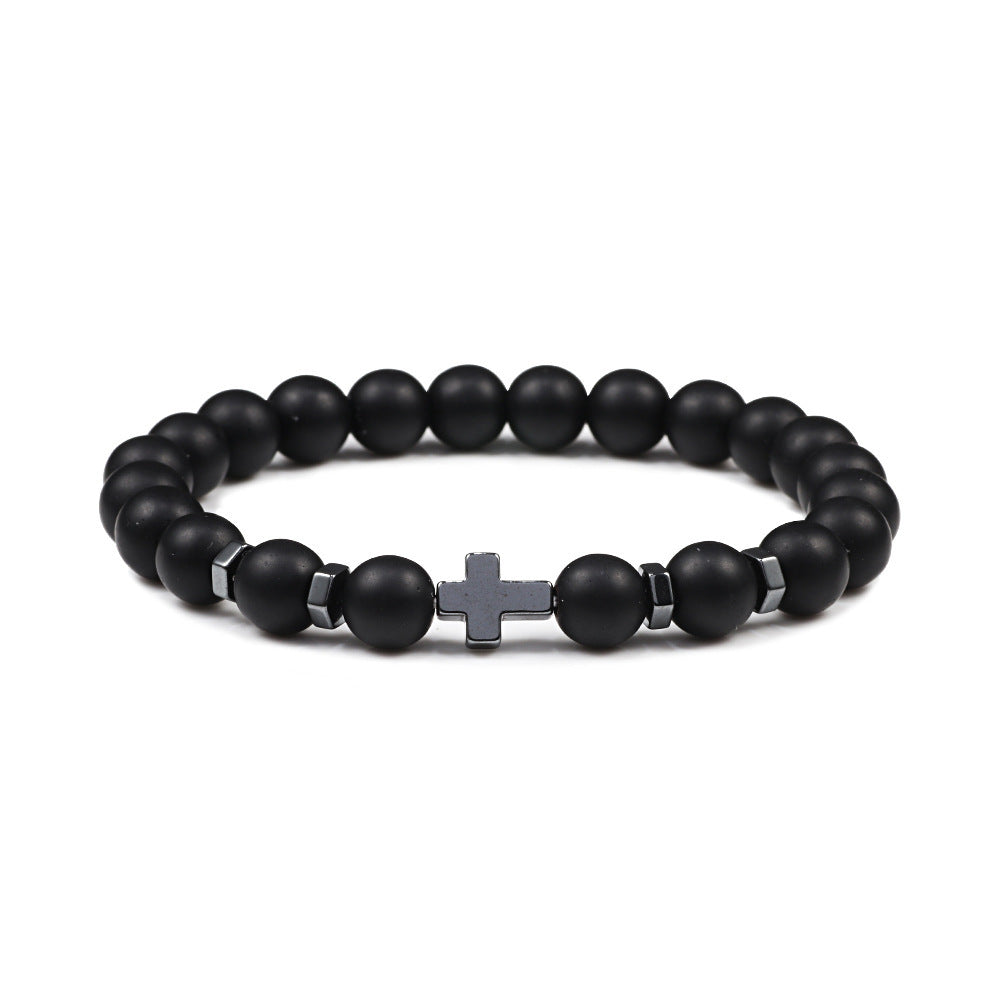 Men's Cross Spacer Bracelet Natural Stone8mm Tiger Eye Turquoise Bracelet Black Gallstone Volcanic Cross Bracelet