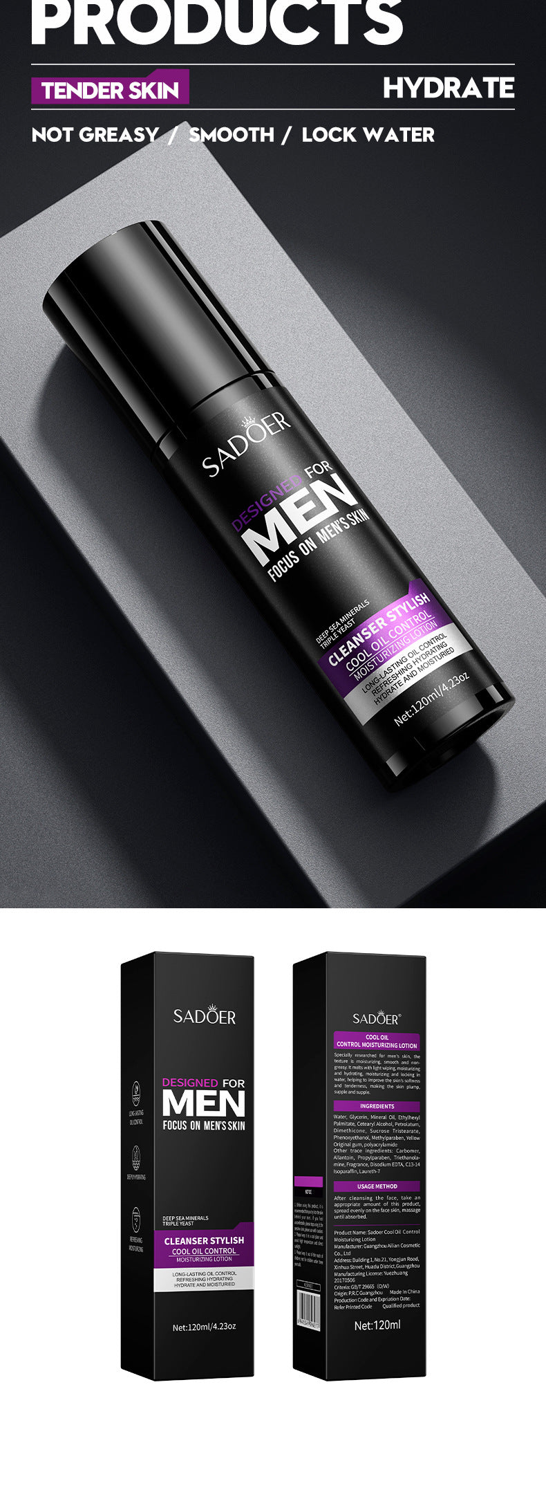 Men's lotion SADOER Cool and Refreshing Men's Vaseline Hydrating Toner Lotion Cross-Border Wholesale