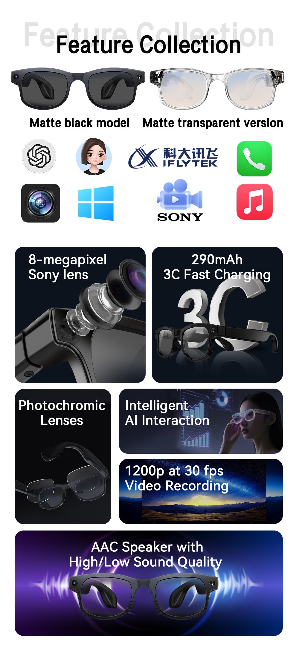 AIMB-G2Smart Glasses800100 Megapixel Camera Ai Translation Character Recognition1200P Anti-Shake Video Recording