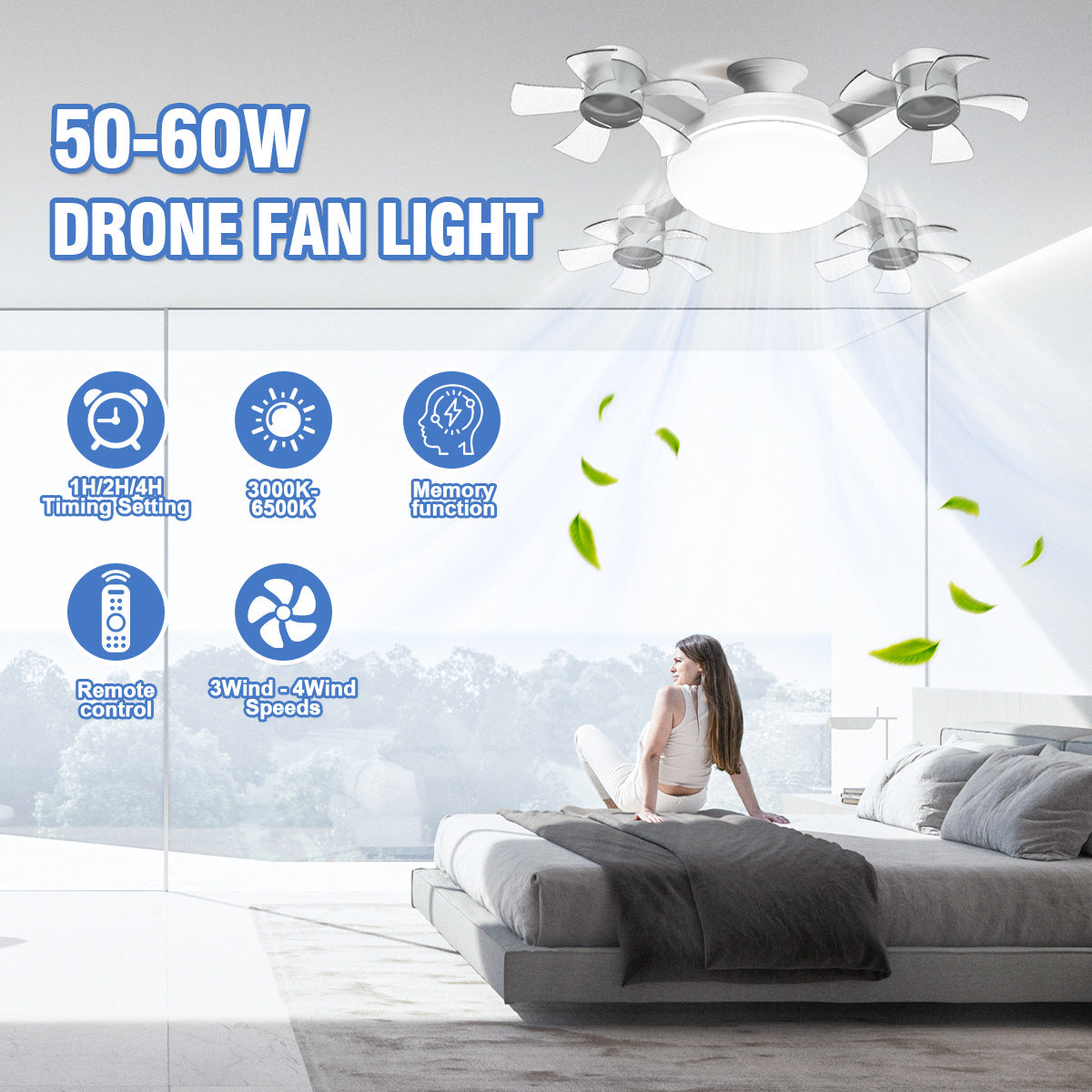 50W Drone Style Ceiling Fan Light E27Fan Light led Fan Light Folding Ceiling Light3Color Light
