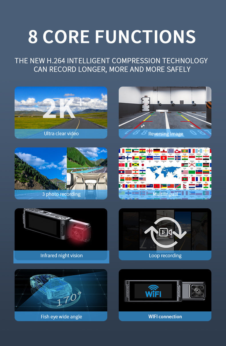 S181080P Three-lens driving recorder with high-definition ultra-wide-angle night vision WiFi Vehicle Front Dash Cam