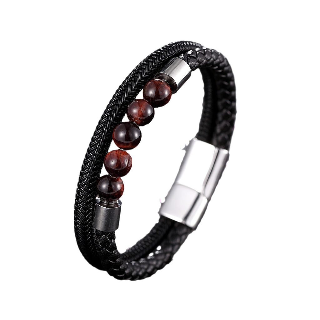 Men's Leather Bracelet Double Layer Bracelet Women's Stainless Steel Magnetic Buckle Bracelet Tiger Eye Stone Leather Bracelet