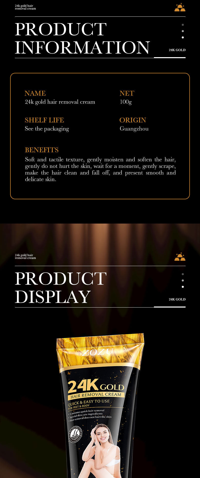 24K Gold Hair Removal Cream ZOZU Non-irritating Hair Removal Cream Wholesale for Cross-Border Trade
