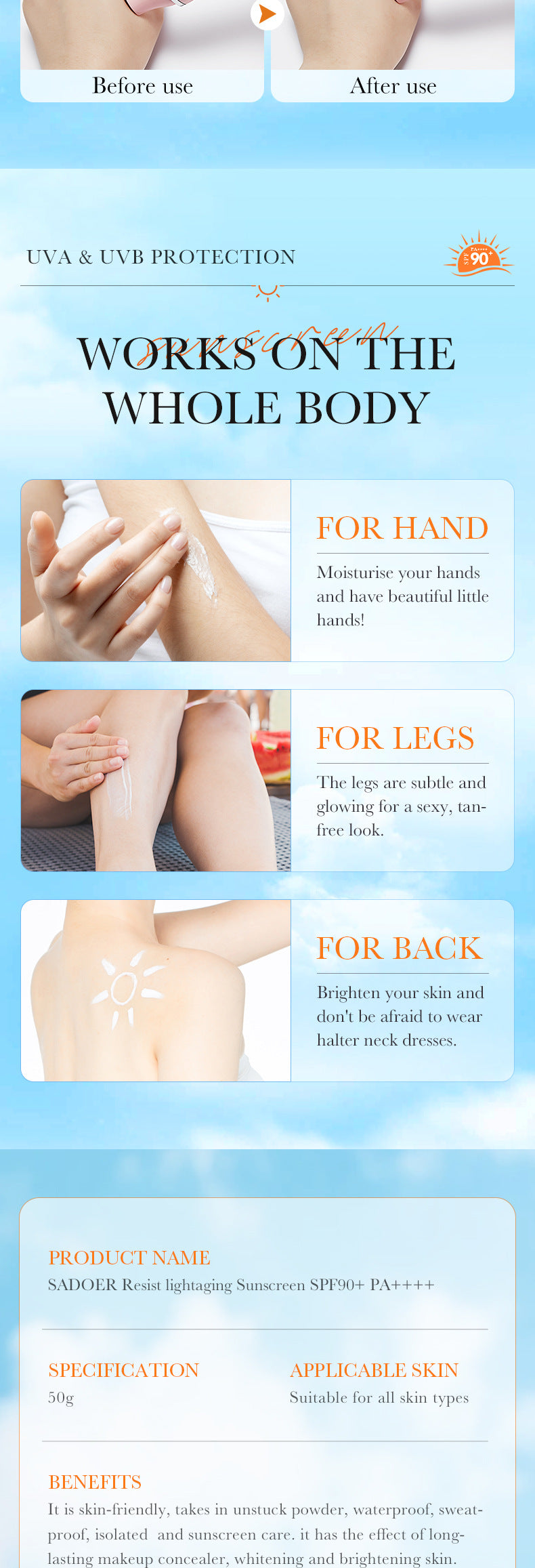 Sunscreen SADOER Clear Anti-Aging Refreshing UV Protection Sunscreen Lotion  Wholesale