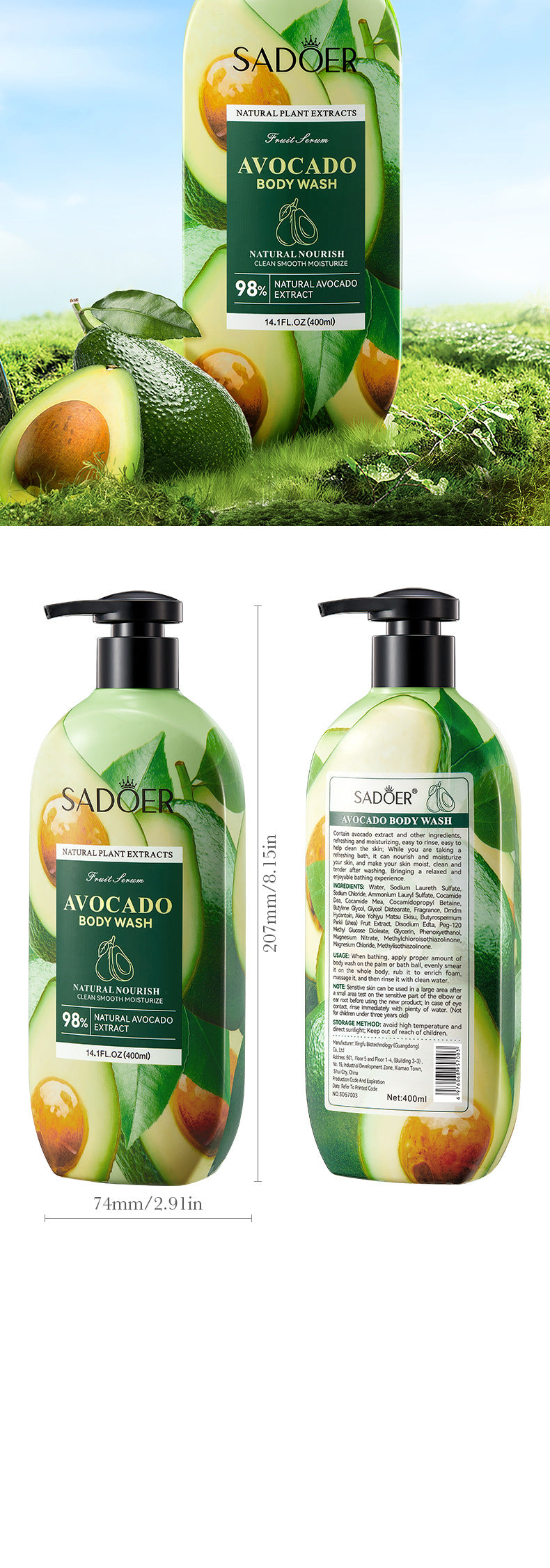Fruit Body Wash400ml SADOER Coconut Cleansing Avocado Shower Milk  Foreign Trade Wholesale
