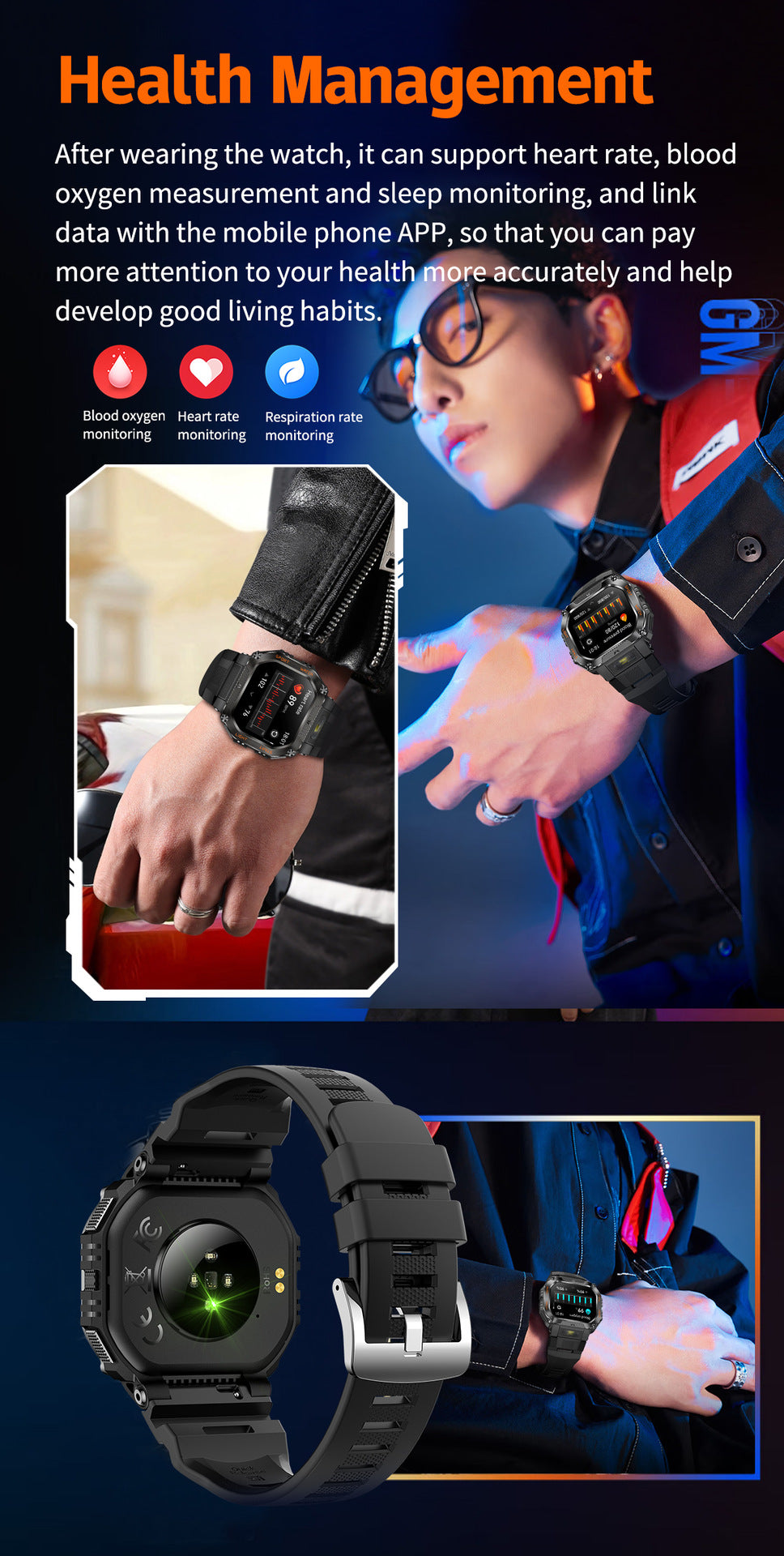 HT34Smart Watch Bluetooth Call True Heart Rate Step Sleep Monitoring3ATM Waterproof Outdoor Sports Three-Proof