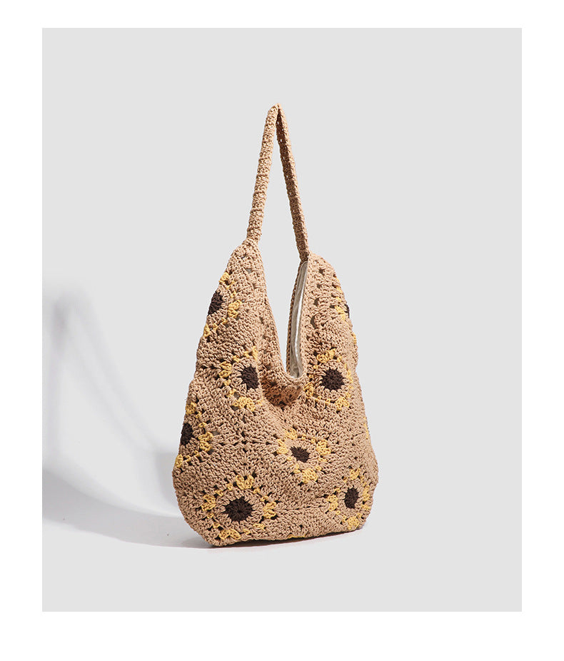 European and American Spring New Handmade Cotton Thread Crochet Hollow Sunflower Flower Woven Shoulder Bag for Women Straw Underarm Bag