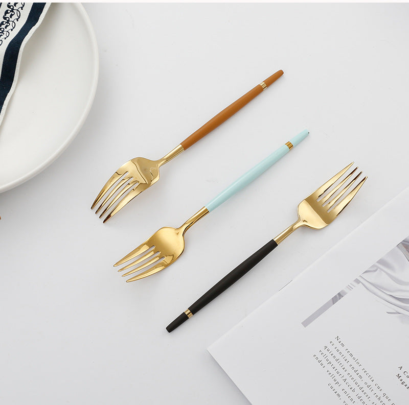 304Stainless Steel Portuguese Tableware Creative Lathe Craft Glossy Mirror Black Gold Round Spoon Dessert Spoon Fork