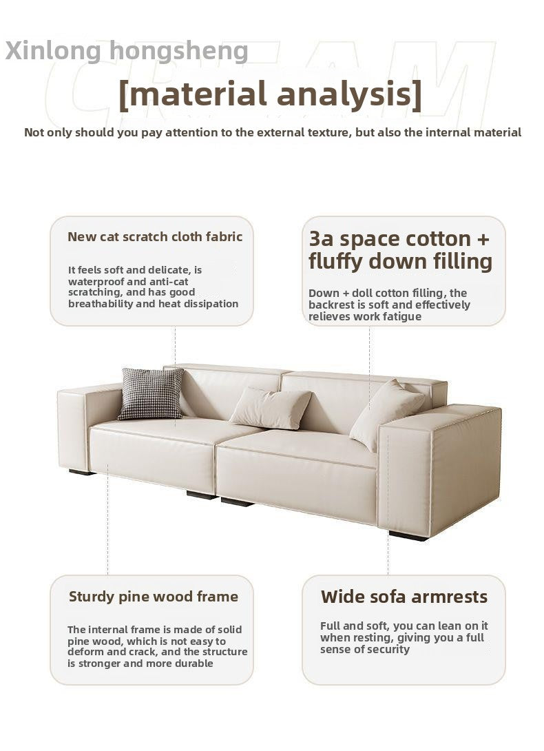 Minimalist Cream Style Tofu Block Sofa Living Room Simple Modern Straight Sofa Internet Celebrity Cat Scratching Leather Sofa