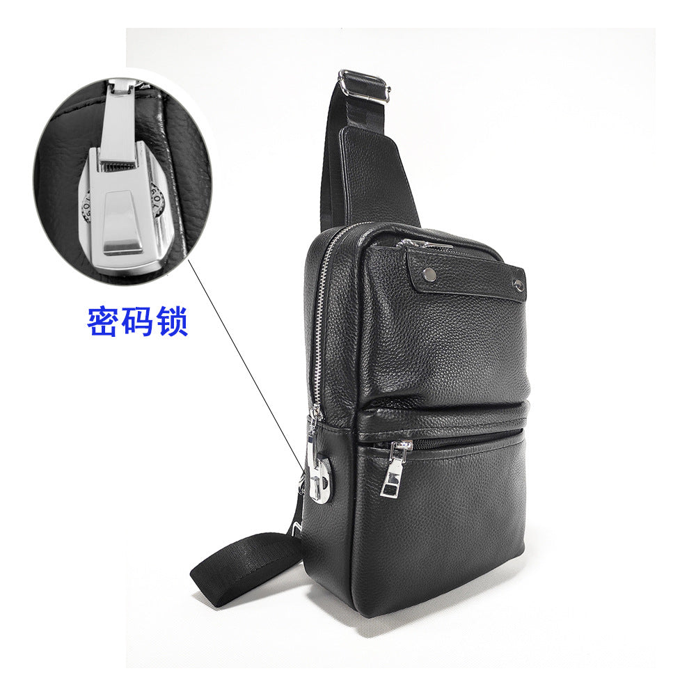 Fingerprint Unlock Men's Bag Genuine Leather Single Shoulder Crossbody Bag Top Layer Cowhide Casual Large Capacity High-end Chest Bag Anti-theft Bag
