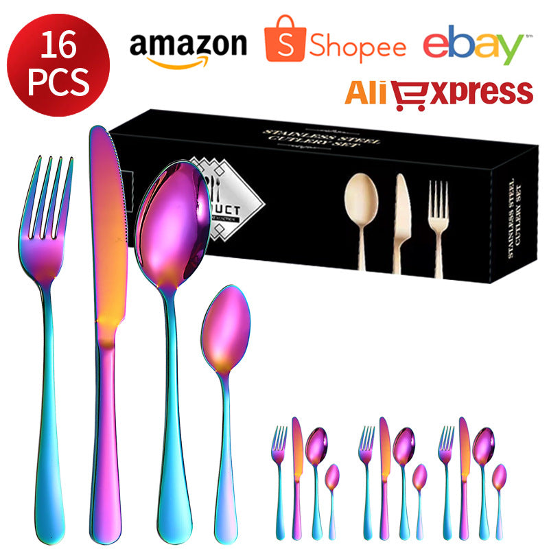 1010Stainless Steel Cutlery Set Hotel Titanium Coated Western Steak Knife Fork Spoon Tea Spoon24Set