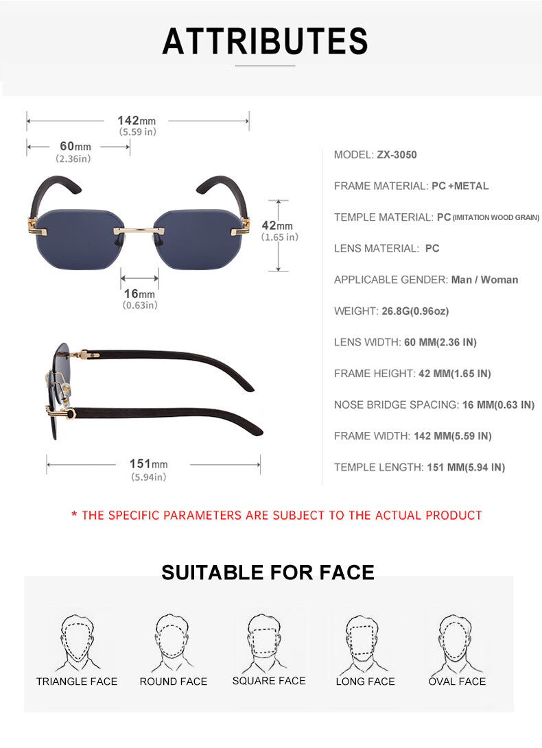 Frameless Glasses for Men High-End European and American Retro Imitation Wood Grain Temple Sunglasses UV Protection Personality Sunglasses
