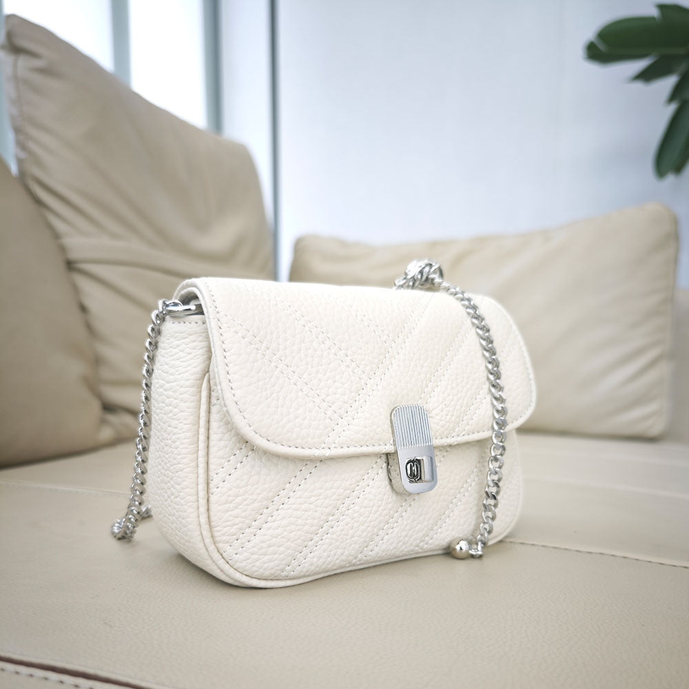 Genuine Leather Women's Bag New Metal Chain Small Square Bag Simple Versatile Chanel Style Single Shoulder Solid Color Embroidered Thread Crossbody Bag