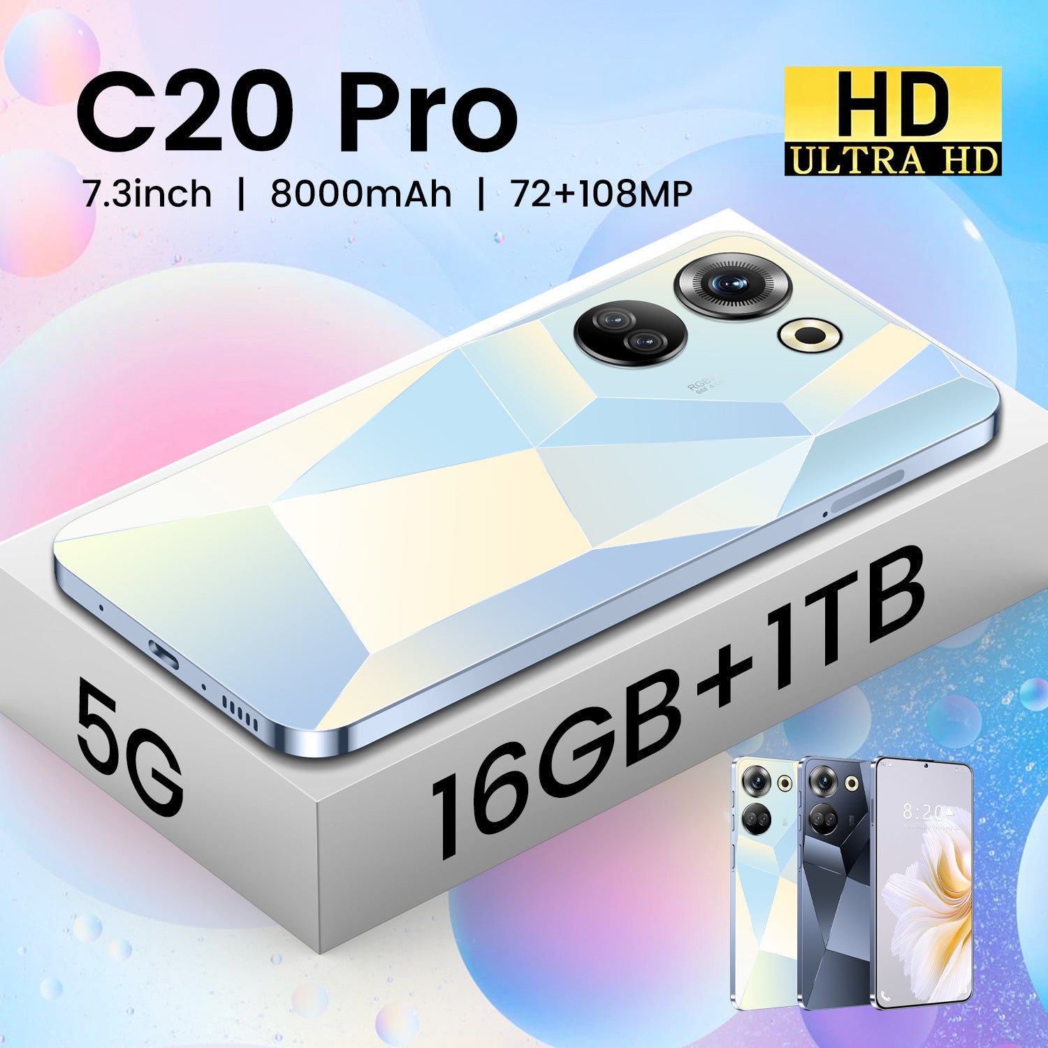 Spot Goods C20Pro Mobile Phone16+1T Large Memory Smart All-in-One Device7.3Wholesale of High-Definition Screens