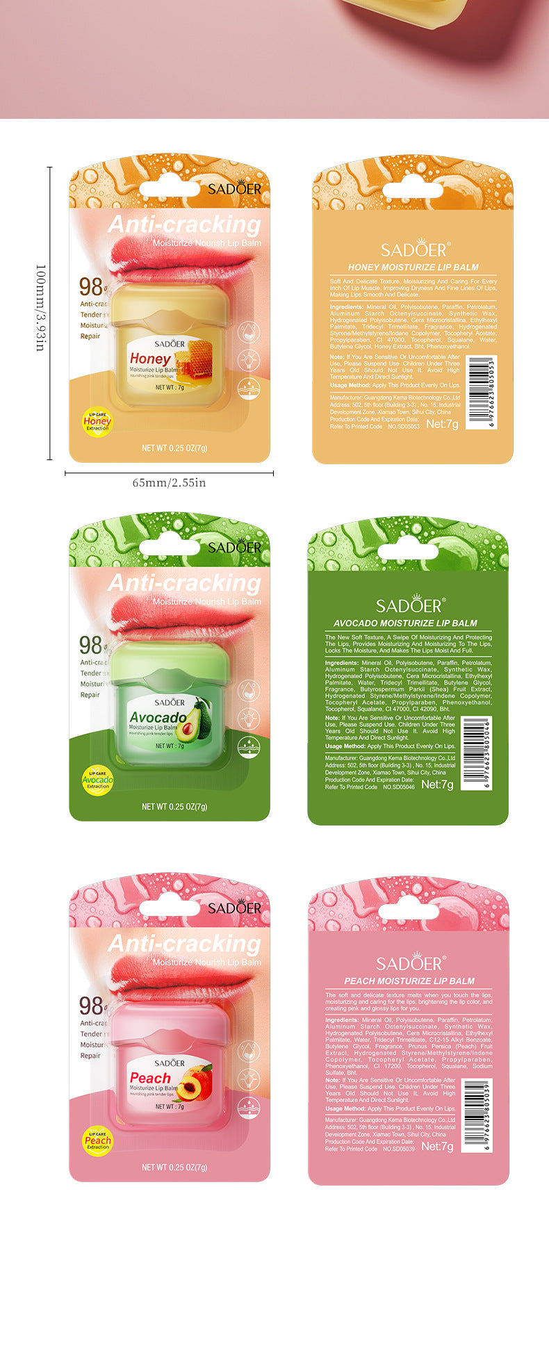 Lip Balm SADOER Honey Hydrating Avocado Anti-Dry Crack Peach Lip Mask  Wholesale