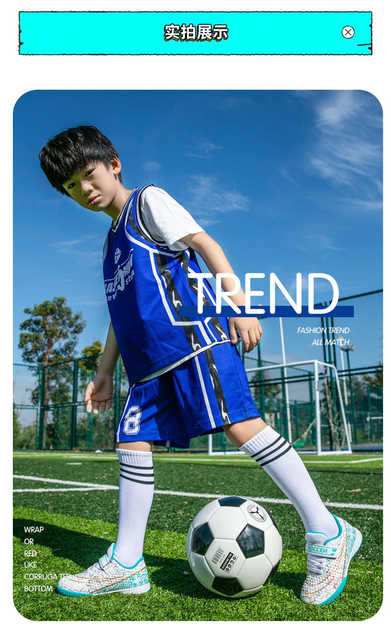 New Football Shoes for Men and Women, Children's Low-top Anti-collision Spike Magic Tape No-tie Grass Training Sports Shoes