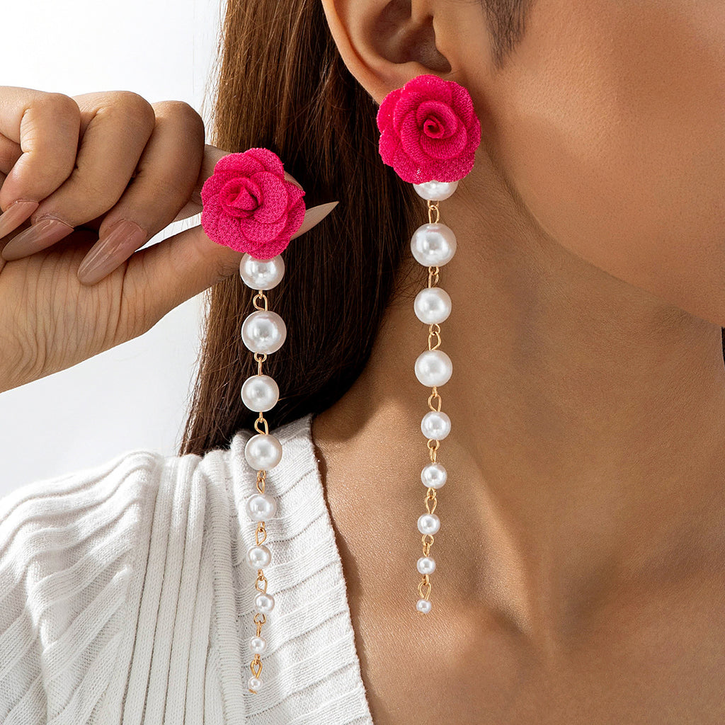 European and American Fresh Fabric Colorful Pearl Earrings Sweet Rice Bead Tassel Tulip Flower Earrings