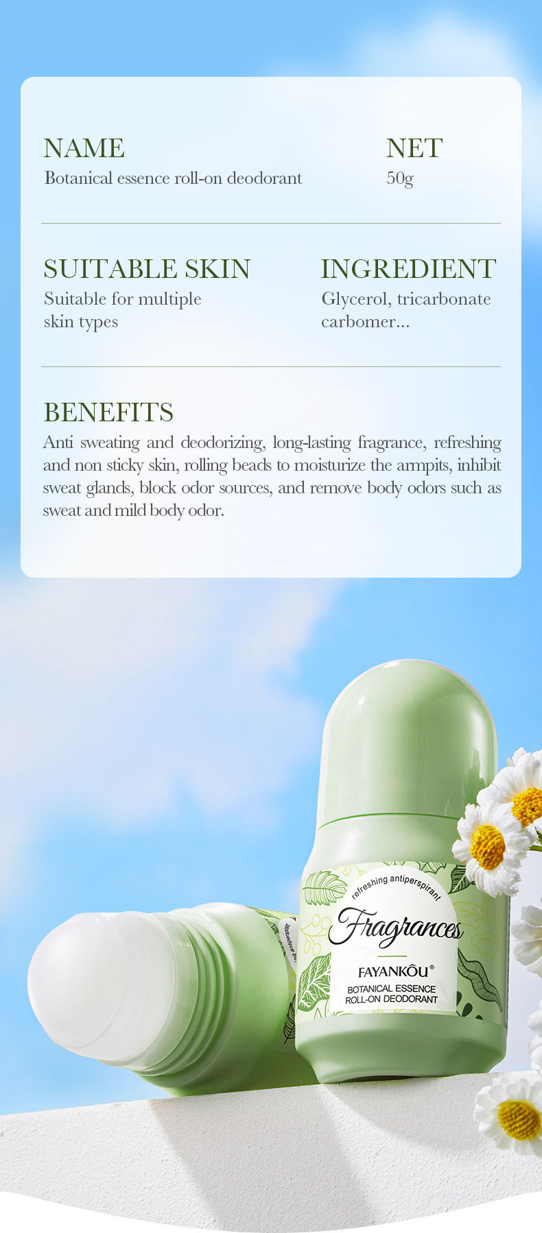 Antiperspirant50g FAYANKOU Deodorant with Long-lasting Fragrance, Refreshing Antiperspirant Roll-on,  Wholesale