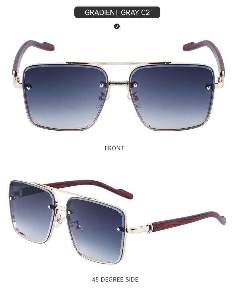 European and American Style Square Frame Cut Edge Sunglasses for Men with Imitation Wood Grain Temples, Men's Trendy Wholesale sunglass