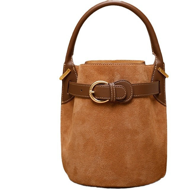 Frosted Leather Bucket Bag Genuine Leather Korean Style Versatile Niche Design Light Luxury Handbag Single Shoulder Crossbody Women's Bag Large Capacity