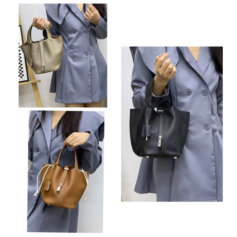Women's Basket Bag2025New High-End First Layer Cowhide Bucket Bag Casual Handheld Women's Tote Bag Trendy