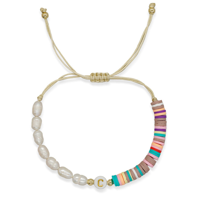 Imitation pearl26Letter Bracelet Bohemian Casual Vacation Bracelet Gold Beads Stretchable Soft Clay Woven Bracelet
