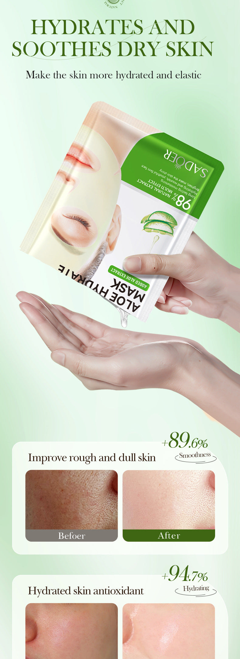 Facial Mask25g SADOER Aloe Vera VC Moisturizing and Rejuvenating Face Mask Sheet Pack for Cross-Border Wholesale