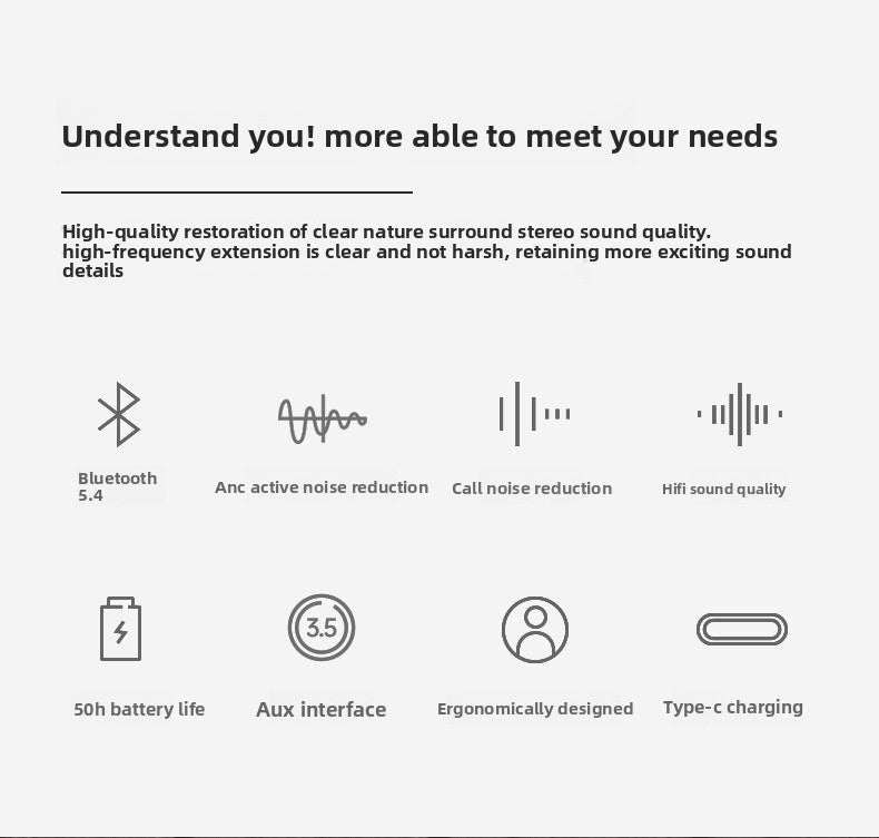 New ANC Active Noise Cancelling Over-Ear Bluetooth Headphones Long battery life full-cover ear-mounted wireless Bluetooth headphones