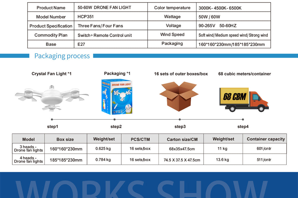 50W Drone Style Ceiling Fan Light E27Fan Light led Fan Light Folding Ceiling Light3Color Light