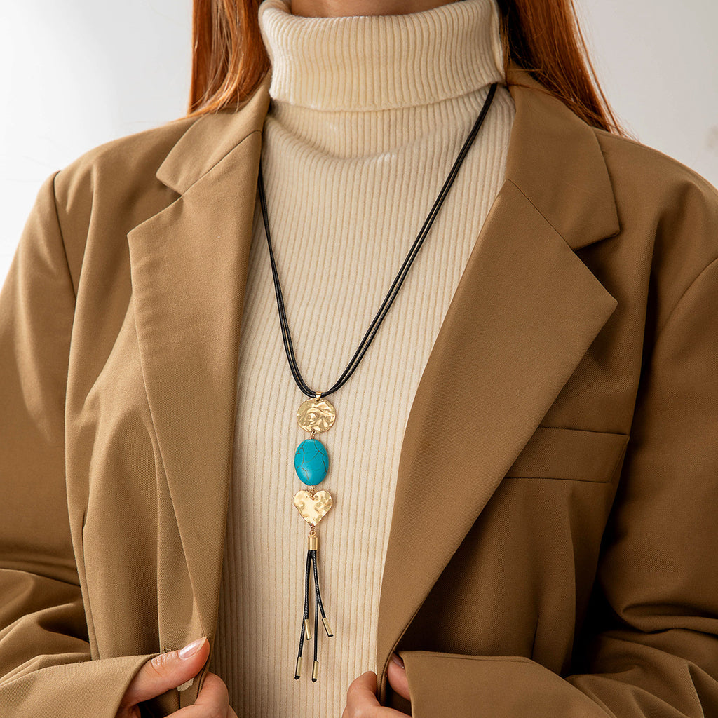 European and American Retro Turquoise Pendant Sweater Chain Design Heart-shaped Women's Autumn Winter Long Tassel Y Type Necklace