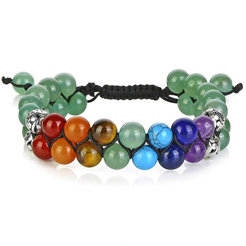 Men's Natural Stone Double Row Bracelet Woven Adjustable Bracelet Couple Colorful Volcanic Stone Woven Bracelet
