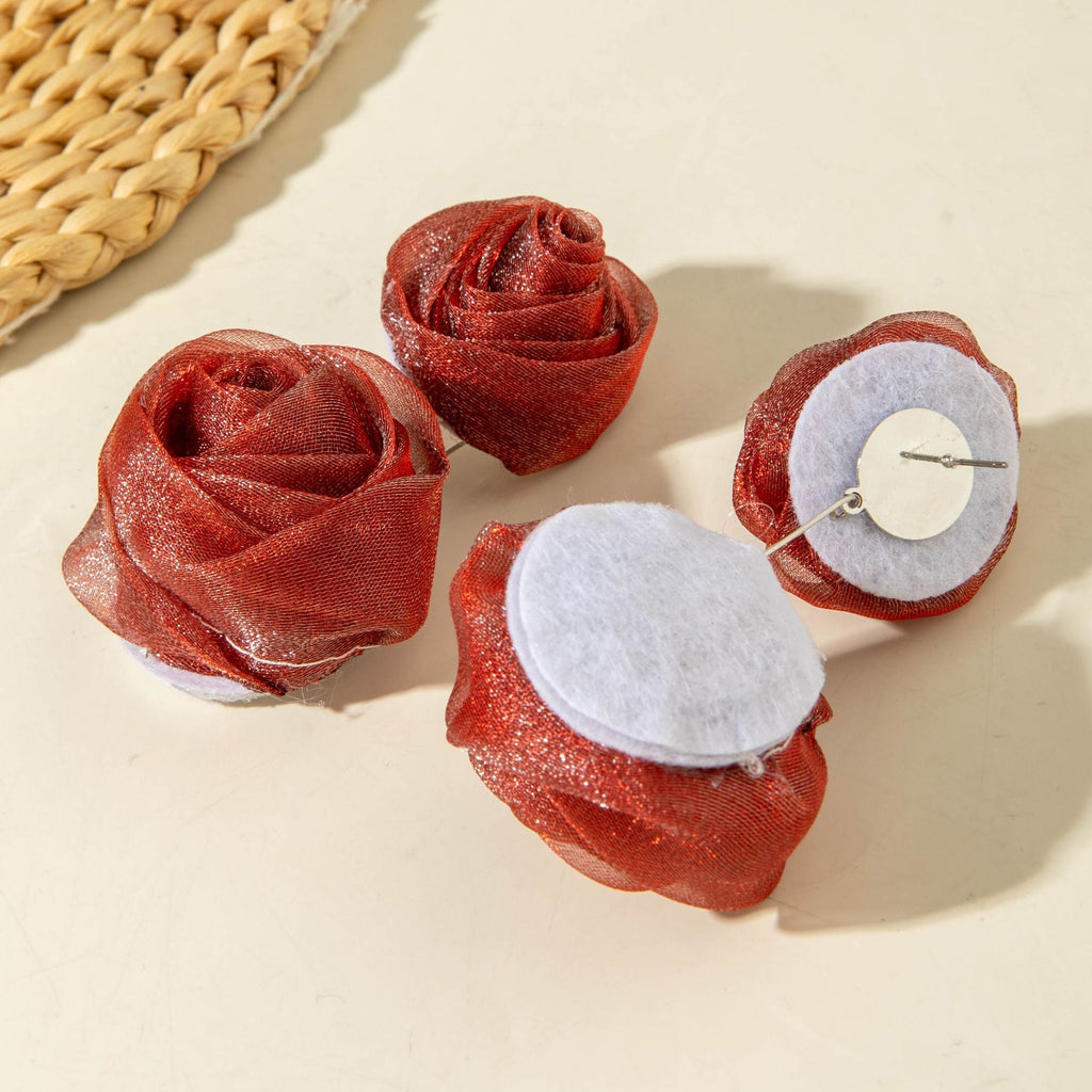 European and American Light Luxury High-End Fabric Rose Flower Earrings Fashion Versatile Three-Dimensional Flower Earrings Wholesale
