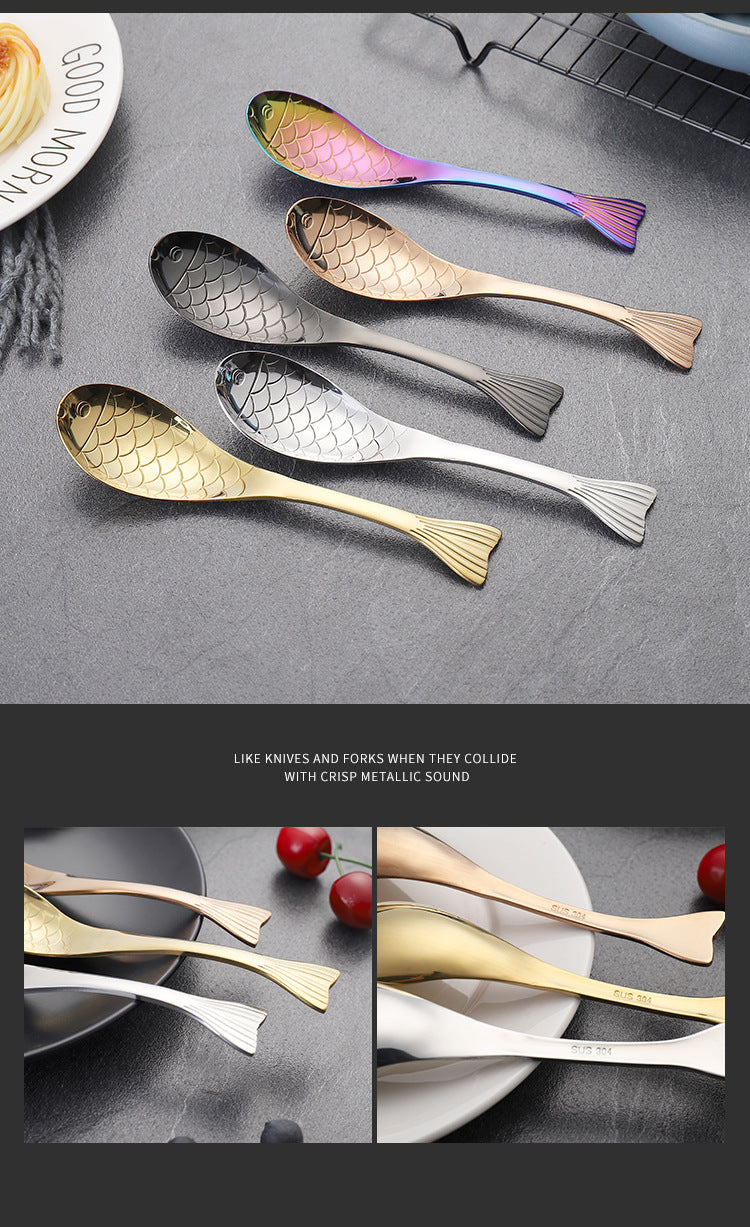 304Stainless Steel Spoon Cooking Restaurant Spoon Pickled Fish Spoon Cartoon Spoon PVD Titanium-plated Colorful Fish Tail Cute Spoon
